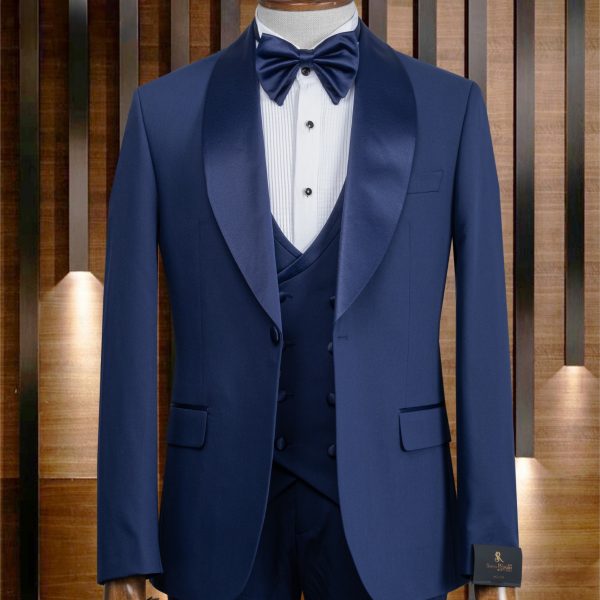 Smoking col chal bleu indigo gilet croisé