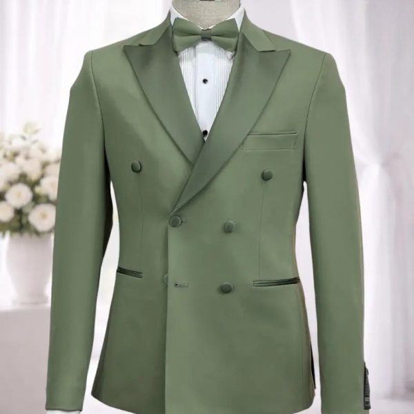 Smoking croisé vert sauje col piqué satin